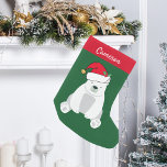 Cute Polar Bear i Santa Hat Monogram Kids Liten Julstrumpa<br><div class="desc">Den gryende polarna har julklapp i vacker grönt och rött...  Det här söt djuret ser väldigt sött ut i en helgdag röd julhatt med lite leende. Anpassa den här barnpresenten med din personliga anpassning under polarnas björnar.</div>