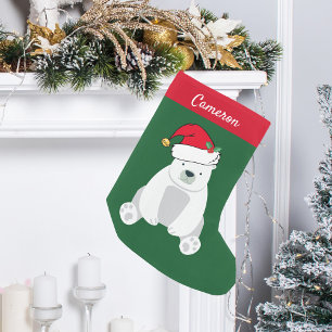 Cute Polar Bear i Santa Hat Monogram Kids Liten Julstrumpa