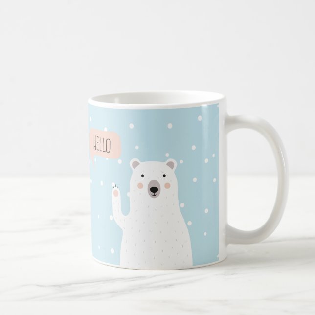 Cute Polar Bear i Snö säger Hej + NAMN Kaffemugg (Höger)