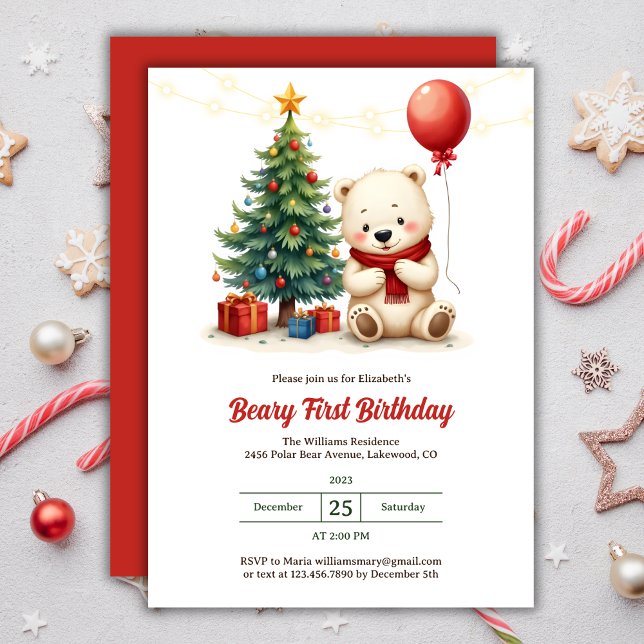 Cute Polar Bear Jul Bear 1:a födelsedagen Inbjudningar (Cute Watercolor Polar Bear Christmas Beary 1st Birthday Invitation)