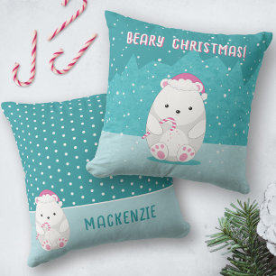 Cute Polar Bear Jul Tecknad Kids Namn Blue Kudde