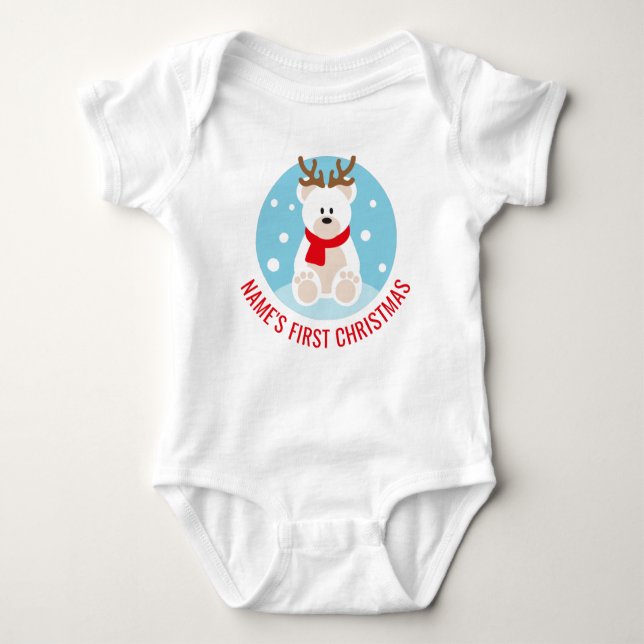 Cute Polar Bear med Antlers - Första jul T Shirt (Framsida)