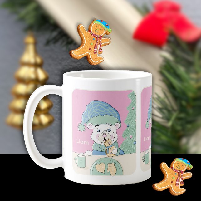 Cute Polar Bear med Cookie Kid Helgdag Mugg (Festive Holiday mug with name .)