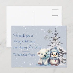 Cute Polar Bear och Penguin North Pole-jul Vykort