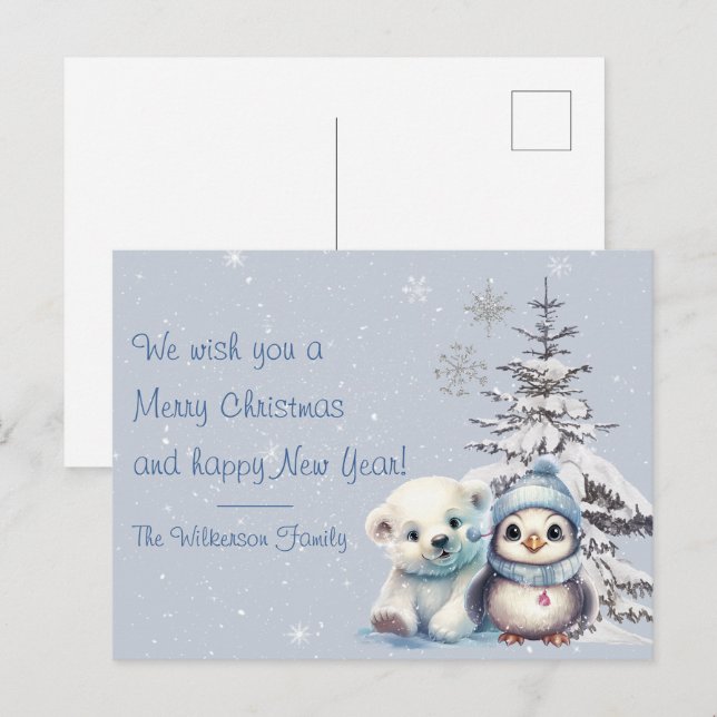 Cute Polar Bear och Penguin North Pole-jul Vykort (Fram/baksida)