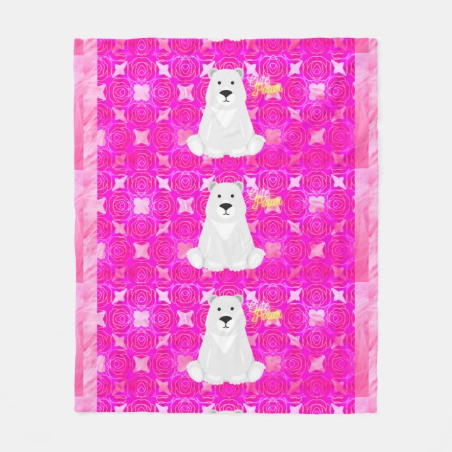 Cute Polar Bear Pink Floral Fleece Blanket (Framsidan)