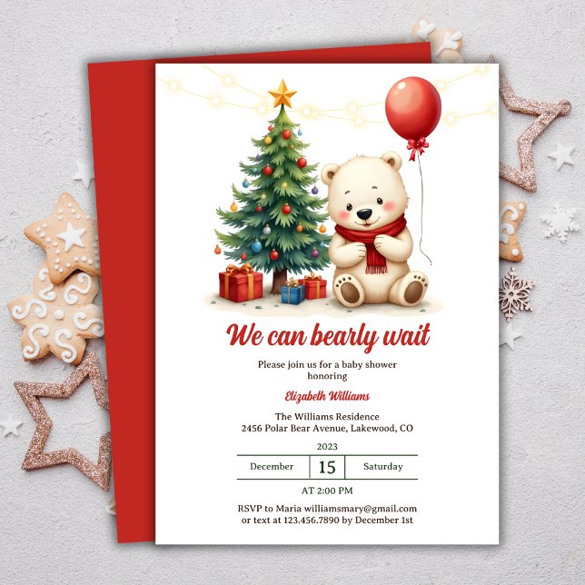 Cute Polar Bear Red and White jul Brunch Inbjudningar (Cute Polar Bear Red And White Festive Christmas Brunch Invitation)