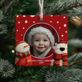 Cute Polar Bear Red First jul Baby Photo Julgransprydnad Keramik