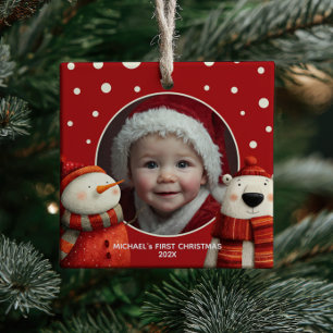 Cute Polar Bear Red First jul Baby Photo Julgransprydnad Keramik
