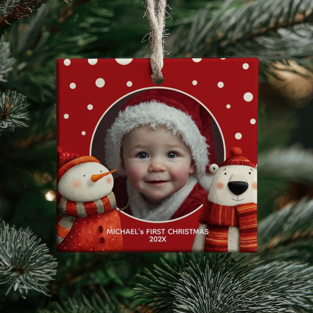 Cute Polar Bear Red First jul Baby Photo Julgransprydnad Keramik (Skapare uppladdad)