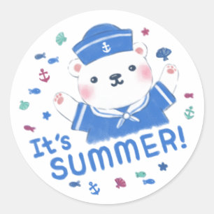 Cute Polar Bear Sailor in Summer Illustration Runt Klistermärke