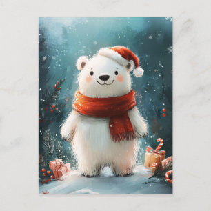 Cute Polar Bear Santa Hat och Scarf Art Vykort