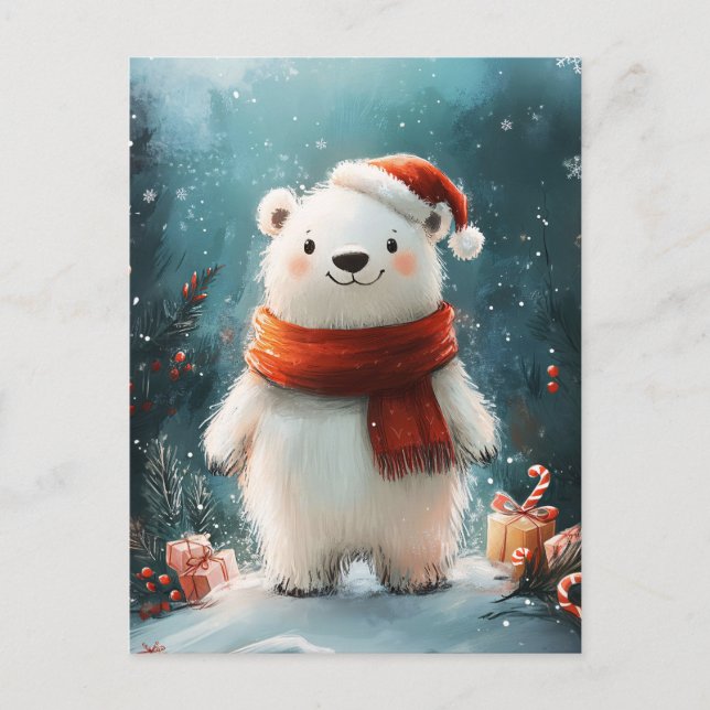 Cute Polar Bear Santa Hat och Scarf Art Vykort (Framsida)
