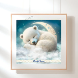 Cute Polar Bear Seping on Måne in Clouds Art Poster