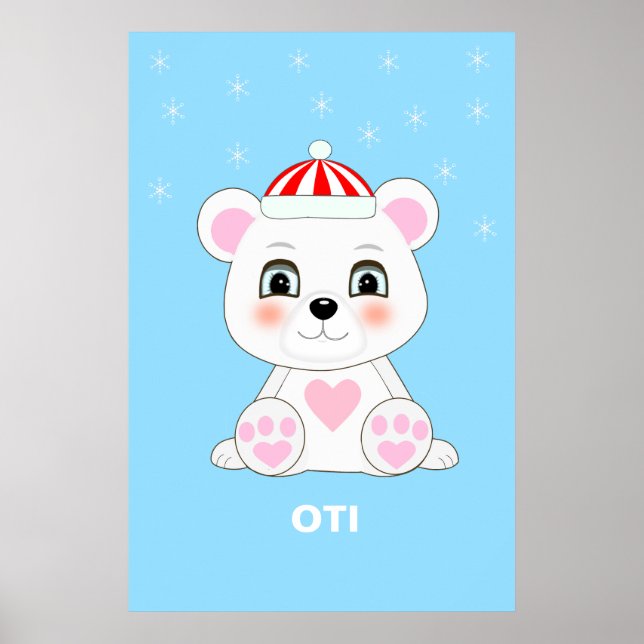 Cute Polar Bear & Snöflingor på Columbia Blue Poster (Framsidan)