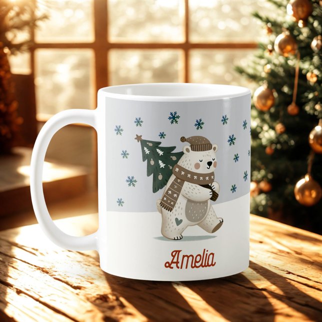 Cute Polar Bear Snöflingor Teckning Namn jul Kaffemugg (Skapare uppladdad)