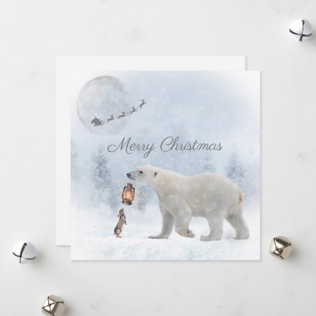 Cute Polar Bear Vild Rabbit Santa Winter-jul Julkort (Fram/Back In Situ)