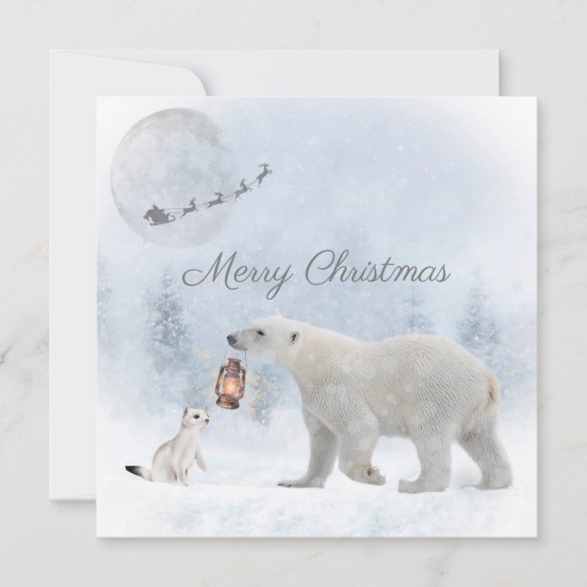 Cute Polar Bear Vild Weasel Santa Winter-jul Julkort (Framsida)