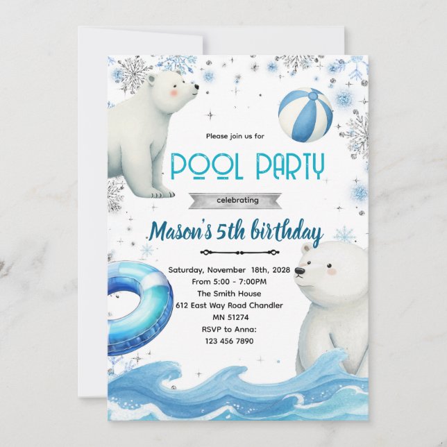 Cute polar bear winter pool theme invite inbjudningar (Framsida)