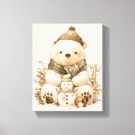 Cute Polar Bear With Snowman Canvas Nursery Decor
