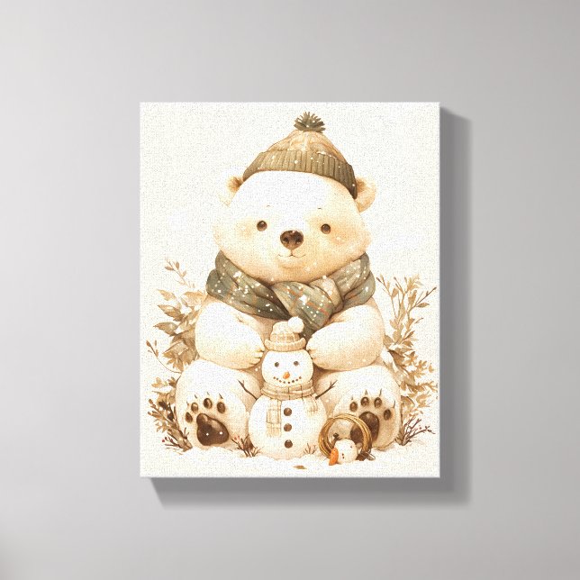 Cute Polar Bear With Snowman Canvas Nursery Decor (Framsida)