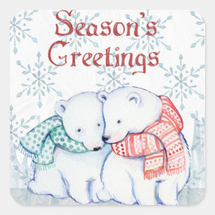 Cute Polar Bears in Red and Grönt Scarf Fyrkantigt Klistermärke