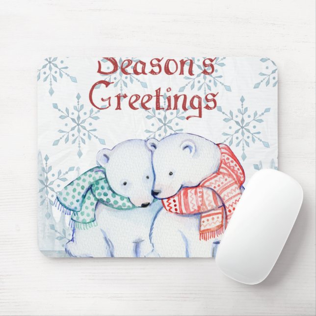 Cute Polar Bears in Red and Grönt Scarf Musmatta (Med mus)
