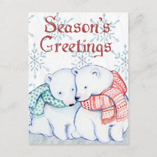 Cute Polar Bears in Red and Grönt Scarf Vykort