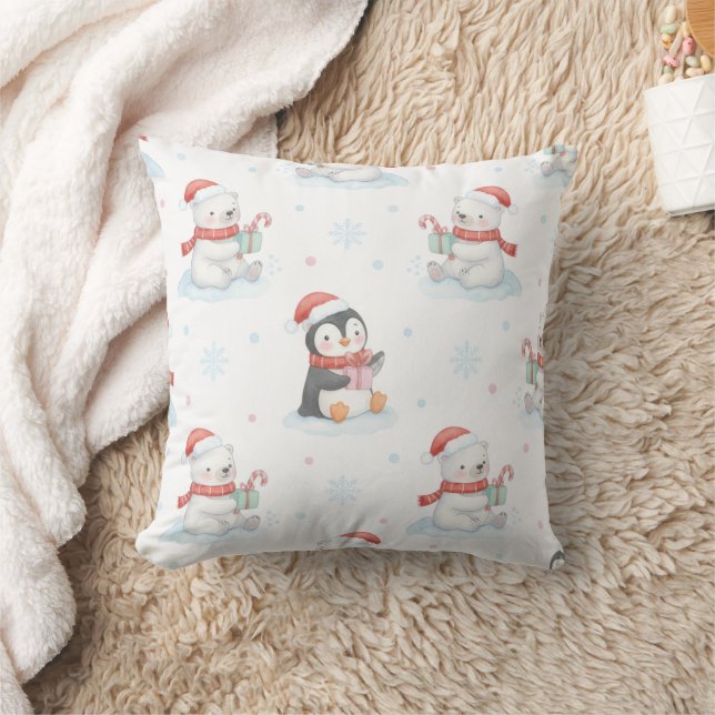 Cute Polar Bears & Penguins Christmas Throw Pillow Kudde (Filt)