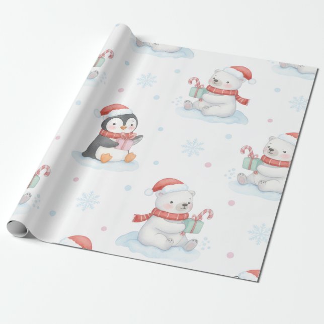 Cute Polar Bears Penguins Christmas Wrapping Paper Presentpapper (Utrullad)