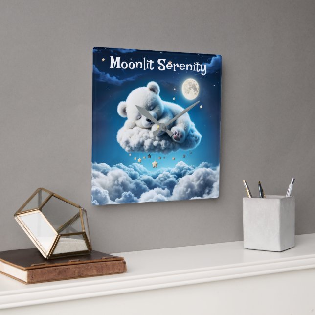 Cute Polar har unge skönhets-, fluffy-moln Fyrkantig Klocka (Kontor)