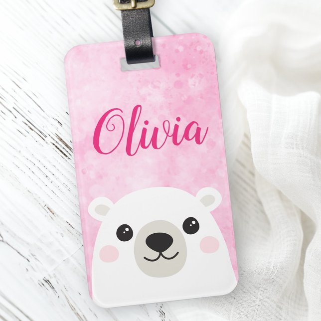 Cute polar med eget namn rosa bagagebricka (Cute polar bear custom name pink luggage tag)