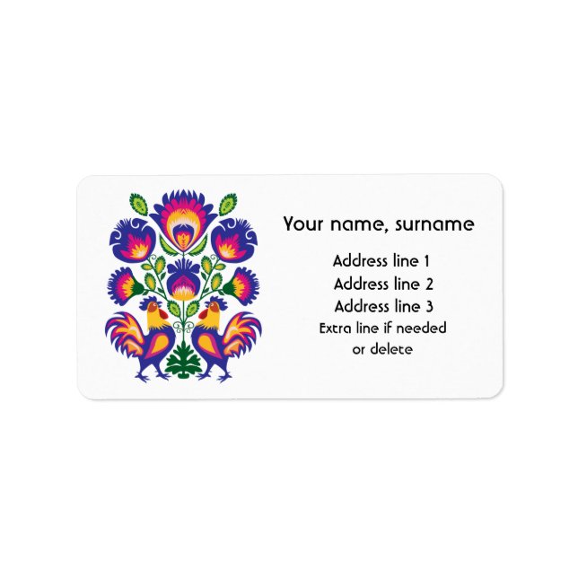 Cute Polfolklore Wycinanki med tuppar Adressetikett (Framsidan)