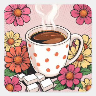 Cute Polka Dot Coffee Kopp och Flowers Fyrkantigt Klistermärke