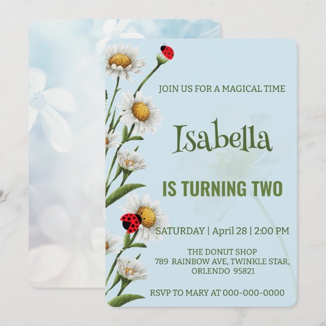 Cute Polka dot Ladybug Blue Daisy Barns födelsedag Inbjudningar (Fram/baksida)
