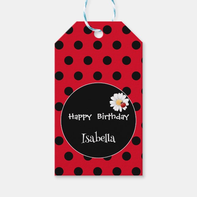 Cute Polka dot Ladybug Daisy Flower Födelsedagsfes Presentetikett (Framsidan)