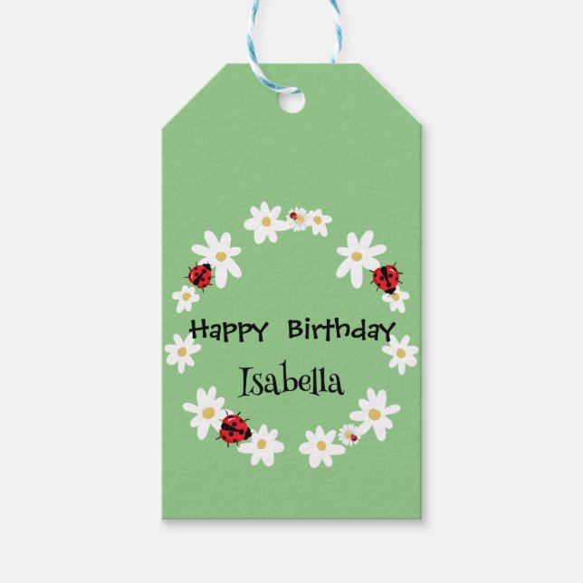 Cute Polka dot Ladybug Daisy Flower Födelsedagsfes Presentetikett (Framsidan)