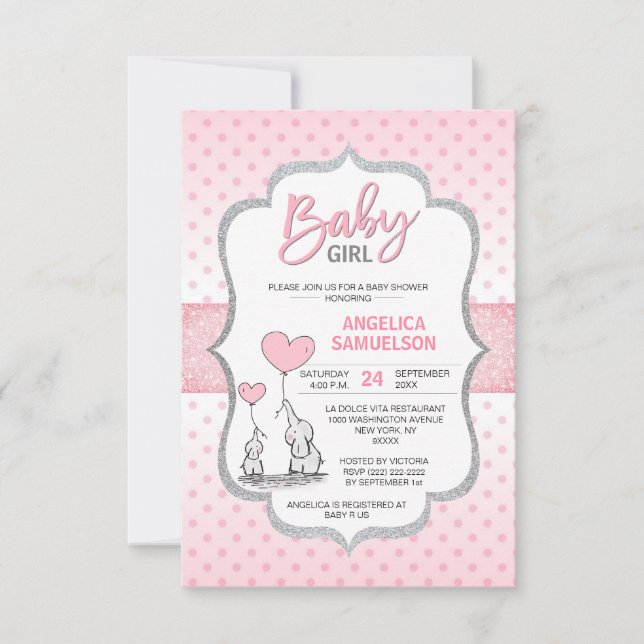 Cute Polka Dot Rosa Grått Elephant Baby Shower GIR Inbjudningar (Framsida)