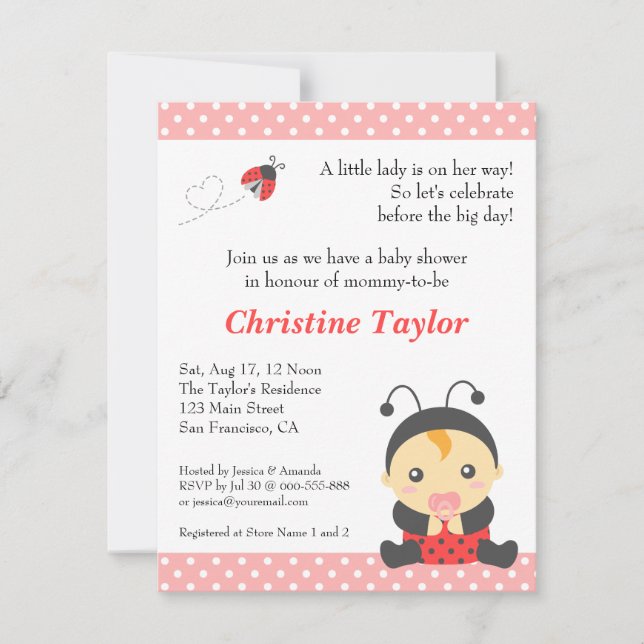 Cute Polka dots Ladybug Girl Baby Shower Inbjudningar (Framsida)