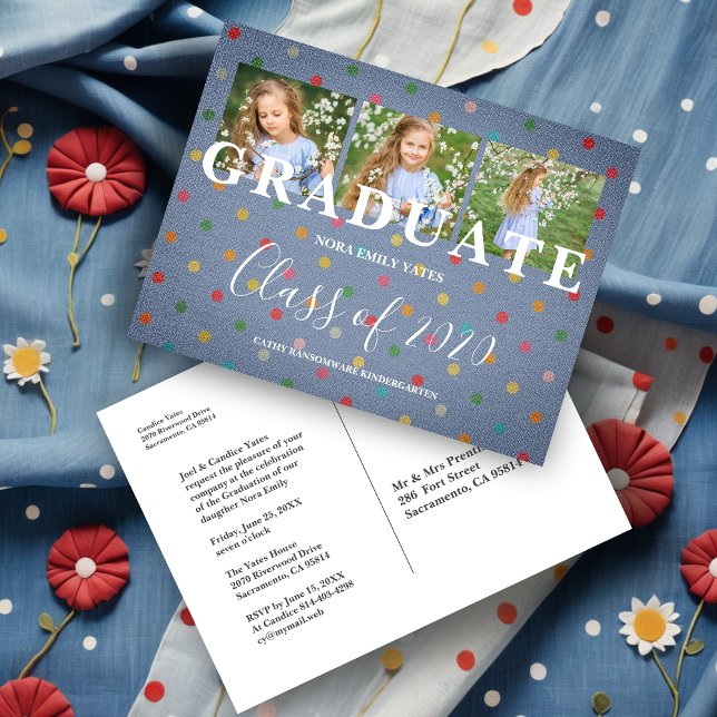 Cute Polka dots Pre-K Grad 3-foton Denim Fabric Vykort (Polka Dots Pre-K Graduate Three Photos Textile Texture Graduation Invitation Postcard.)