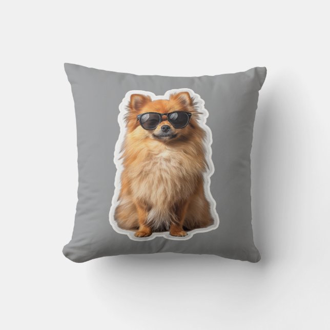 Cute Pomeranian Dog Funny Animals with Sunglasses Kudde (Framsida)