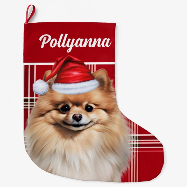 Cute Pomeranian Dog Red White Plaid Custom Stor Julstrumpa (Framsidan)