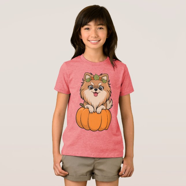 Cute Pommern Fall Pumpkin Illustration T Shirt (Framsida Full)