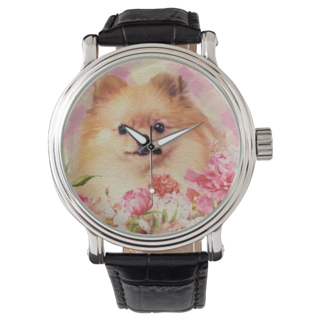 Cute Pommern German Spitz med blommor Armbandsur (Framsida)