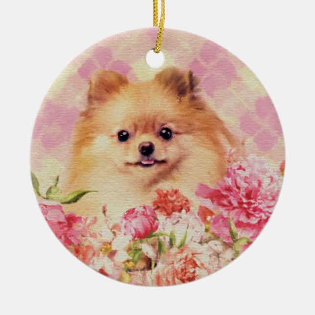 Cute Pommern German Spitz med blommor Julgransprydnad Keramik (Framsidan)
