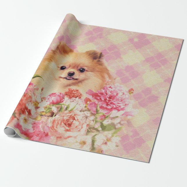 Cute Pommern German Spitz med blommor Presentpapper (Utrullad)