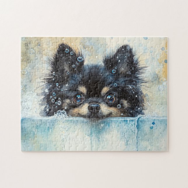 Cute Pommern-Hund i Bathtub Pussel (Horisontell)