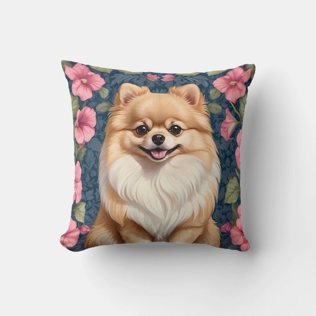 Cute Pommern-Hund med Rosa Petunias Kudde (Framsida)