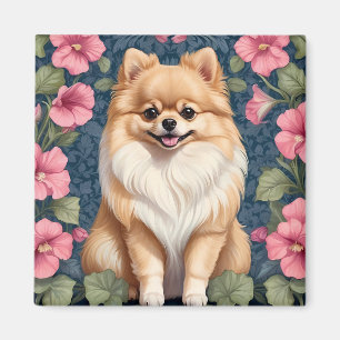 Cute Pommern-Hund med Rosa Petunias Magnet