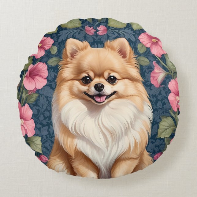 Cute Pommern-Hund med Rosa Petunias Rund Kudde (Framsidan)